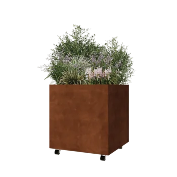 Donica ze stali corten - Kwadratowe - 70 x 70 x 70 cm - Z płytą dolną - Z kółkami