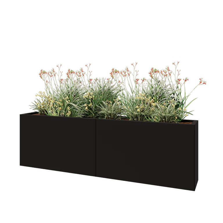 Stalowa donica XXL - Prostokątne - 200 x 30 x 60 cm - RAL9005 matowy (czarny) - Z płytą dolną