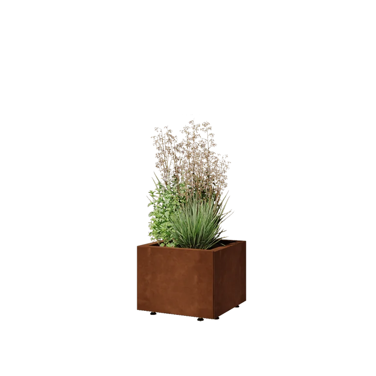 Donica ze stali corten - Kwadratowe - 40 x 40 x 30 cm - Z płytą dolną - Z nóżkami