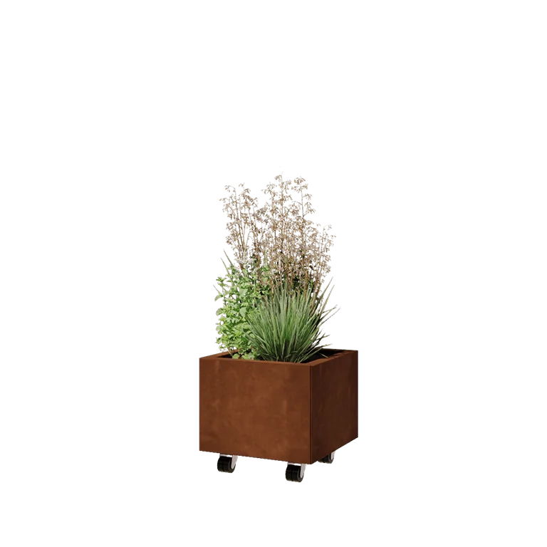 Donica ze stali corten - Kwadratowe - 40 x 40 x 30 cm - Z płytą dolną - Z kółkami