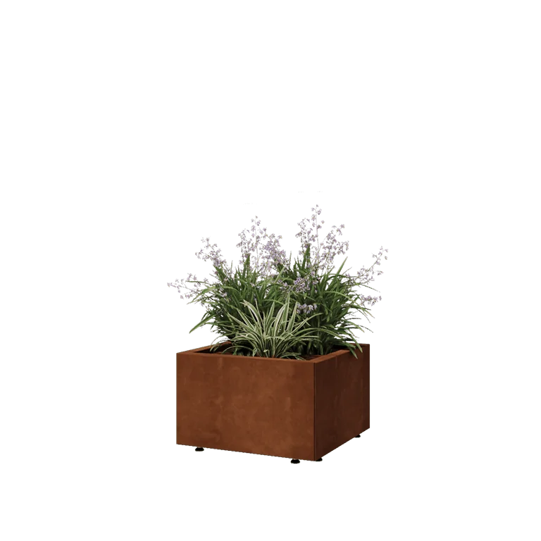 Donica ze stali corten - Kwadratowe - 50 x 50 x 30 cm - Z płytą dolną - Z nóżkami
