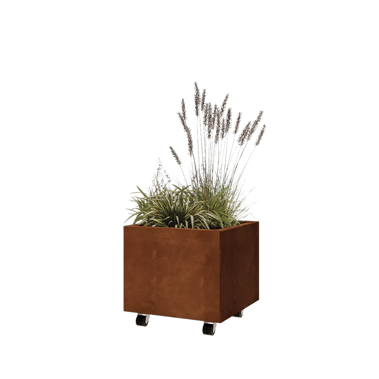 Donica ze stali corten - Kwadratowe - 50 x 50 x 40 cm - Z płytą dolną - Z kółkami
