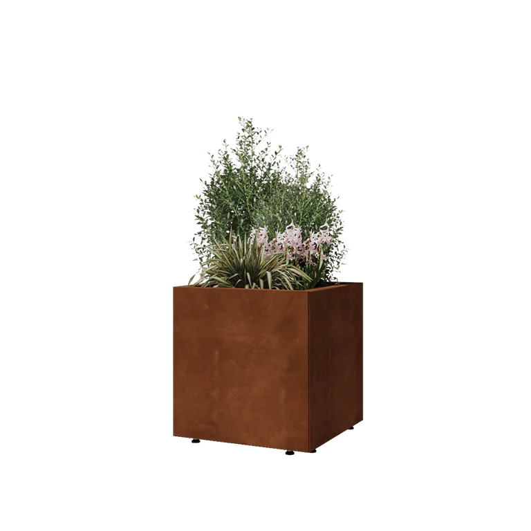 Donica ze stali corten - Kwadratowe - 50 x 50 x 50 cm - Z płytą dolną - Z nóżkami