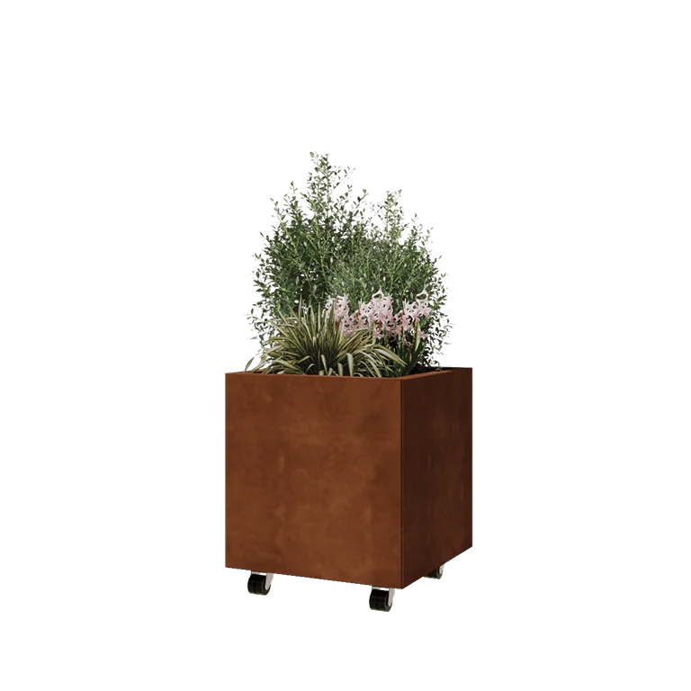 Donica ze stali corten - Kwadratowe - 50 x 50 x 50 cm - Z płytą dolną - Z kółkami