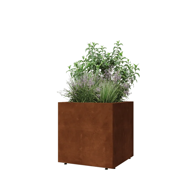 Donica ze stali corten - Kwadratowe - 60 x 60 x 60 cm - Z płytą dolną - Z nóżkami