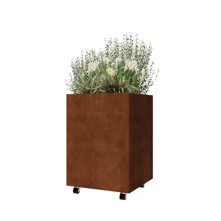 Donica ze stali corten - Kwadratowe - 60 x 60 x 80 cm - Z płytą dolną - Z kółkami