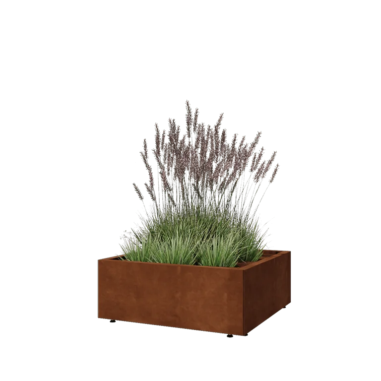 Donica ze stali corten - Kwadratowe - 80 x 80 x 30 cm - Z płytą dolną - Z nóżkami