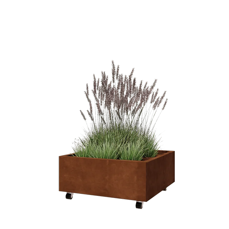 Donica ze stali corten - Kwadratowe - 80 x 80 x 30 cm - Z płytą dolną - Z kółkami