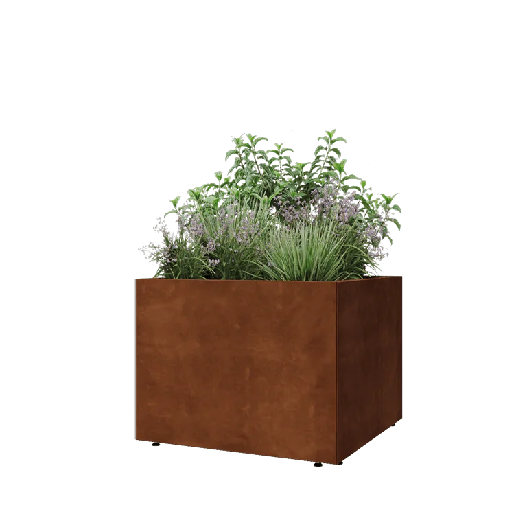 Donica ze stali corten - Kwadratowe - 80 x 80 x 60 cm - Z płytą dolną - Z nóżkami
