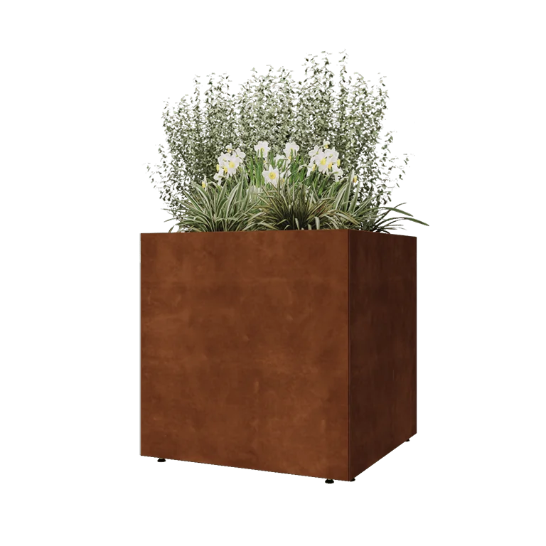 Donica ze stali corten - Kwadratowe - 80 x 80 x 80 cm - Z płytą dolną - Z nóżkami