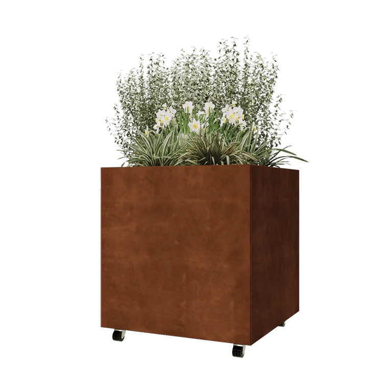 Donica ze stali corten - Kwadratowe - 80 x 80 x 80 cm - Z płytą dolną - Z kółkami