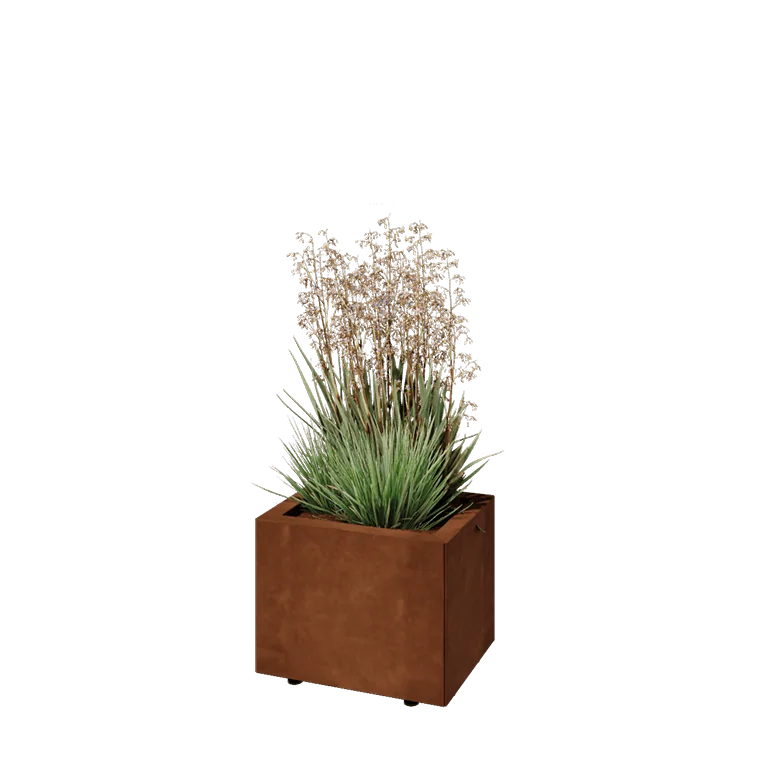Donica ze stali corten - Prostokątne - 40 x 30 x 30 cm - Z płytą dolną - Z nóżkami