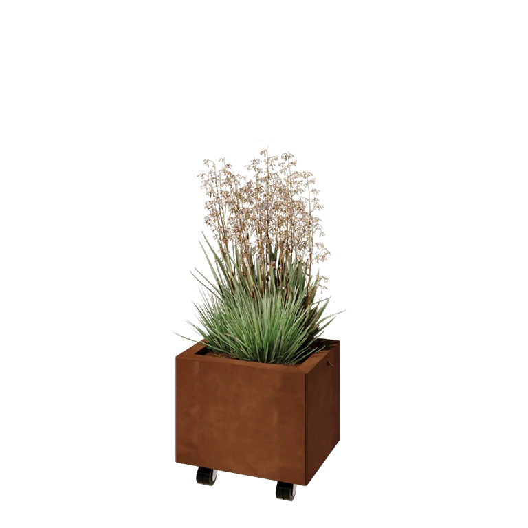 Donica ze stali corten - Prostokątne - 40 x 30 x 30 cm - Z płytą dolną - Z kółkami