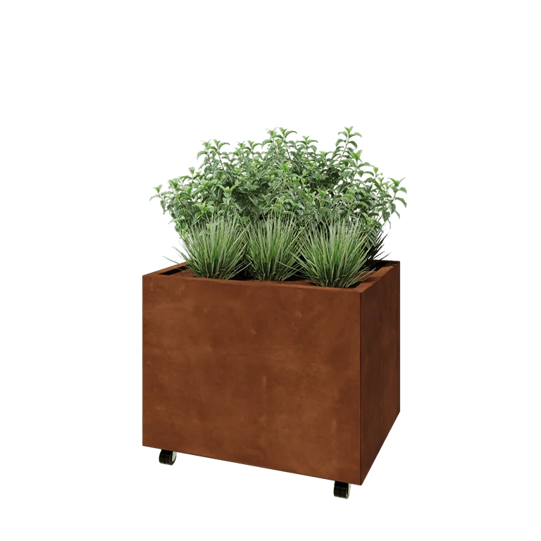 Donica ze stali corten - Prostokątne - 80 x 60 x 60 cm - Z płytą dolną - Z kółkami