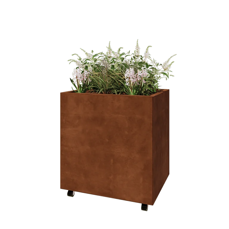 Donica ze stali corten - Prostokątne - 80 x 60 x 80 cm - Z płytą dolną - Z kółkami